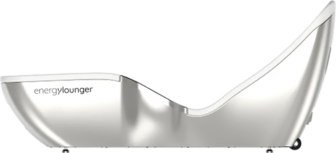 Silver ergonomic EnergyLounger device showing the curved, wave-like design for full-body relaxation and therapy.
