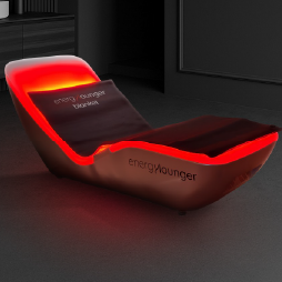 Modern lounge chair with red LED lighting on a dark background