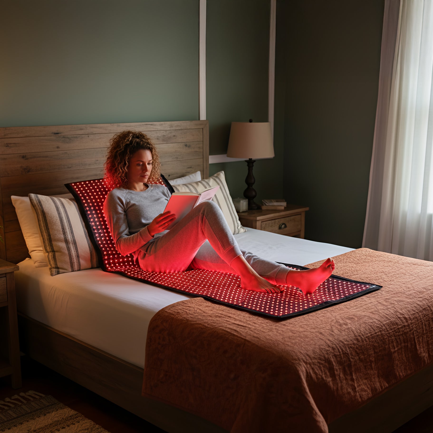 Woman using a red light pad on a bed in a dimly lit room
