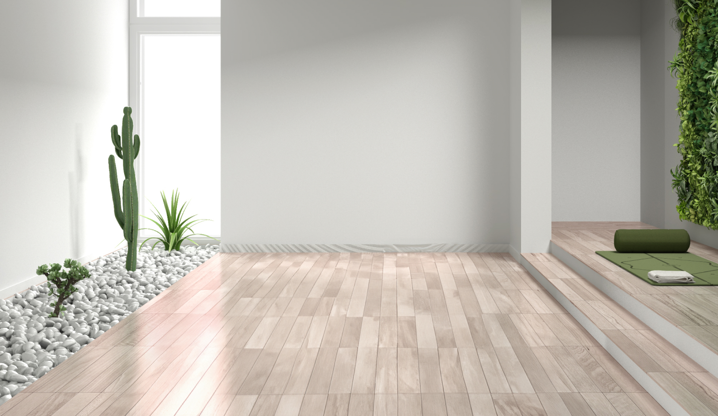 Bright wellness and meditation space with cactus plants, white stones, wooden floor, and a yoga mat energylounger.