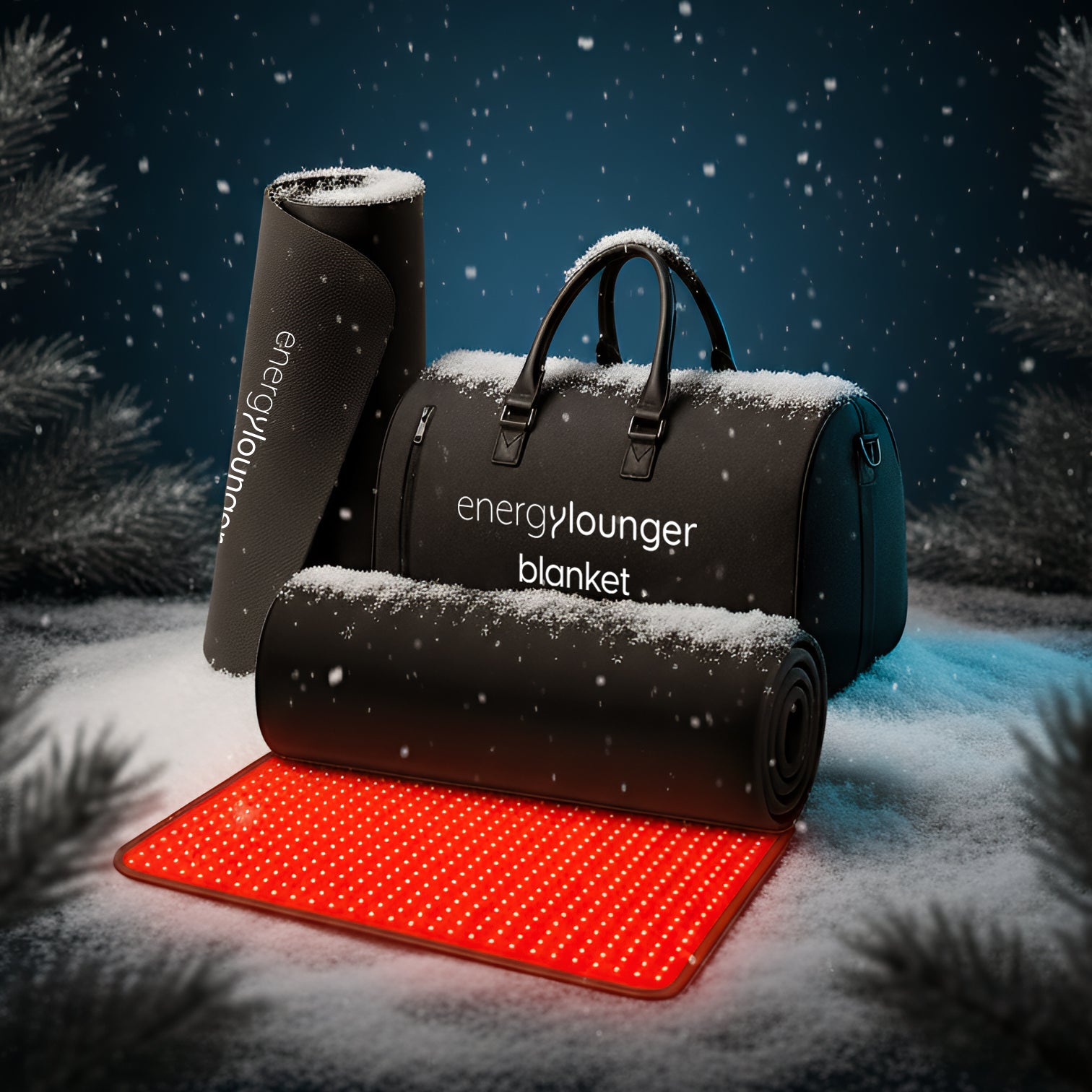 EnergyLounger portable Red Light Therapy blanket and carrying duffel bag, promoting recovery and skin rejuvenation for home or travel use.