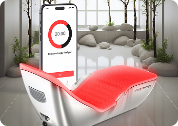 The EnergyLounger shown with its mobile app interface displaying a 20-minute light therapy session timer in a modern, serene treatment room.