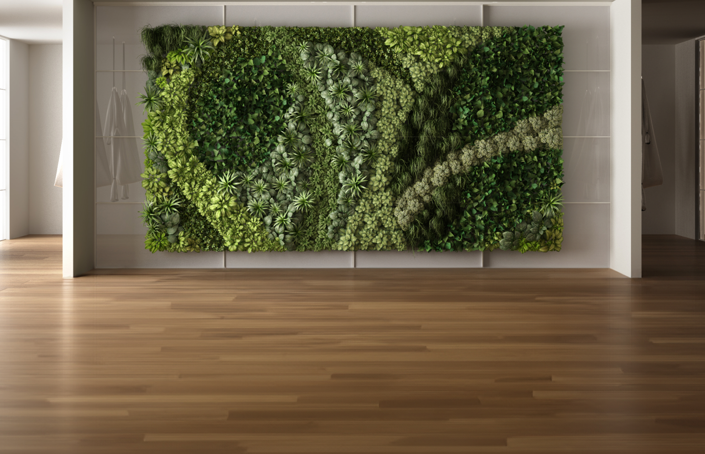 Lush green vertical garden wall installation inside a modern interior space.