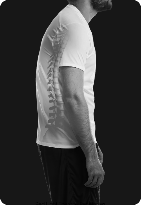 A person standing in a side view wearing a shirt with a spine graphic, illustrating back pain relief or spinal support.